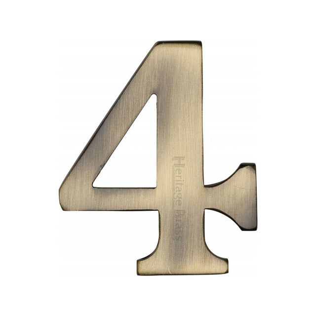 This is an image of a Heritage Brass - Numeral 4 Self Adhesive 51mm (2") Antique Brass Finish, c1568-4-at that is available to order from Trade Door Handles in Kendal.