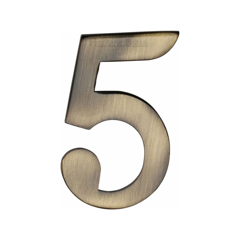 This is an image of a Heritage Brass - Numeral 5 Self Adhesive 51mm (2") Antique Brass Finish, c1568-5-at that is available to order from Trade Door Handles in Kendal.