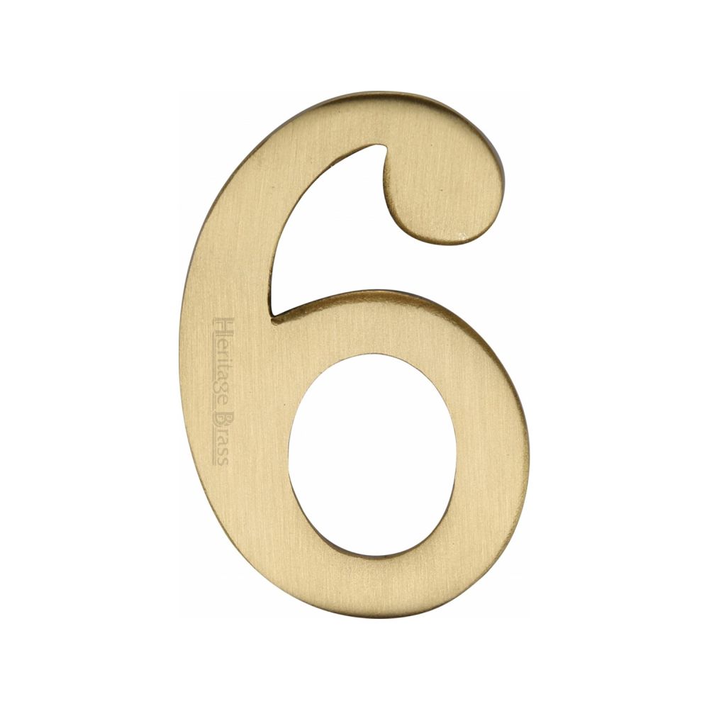 This is an image of a Heritage Brass - Numeral 6 Self Adhesive 51mm (2") Satin Brass Finish, c1568-6-sb that is available to order from Trade Door Handles in Kendal.