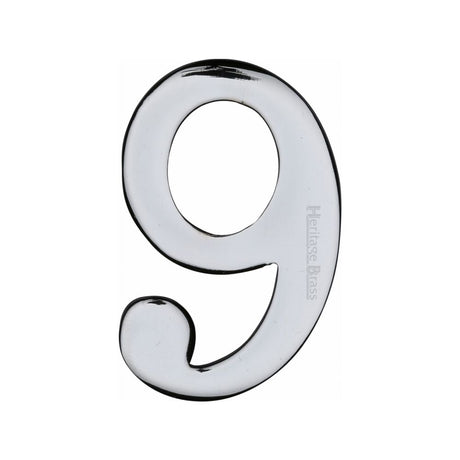 This is an image of a Heritage Brass - Numeral 9 Self Adhesive 51mm (2") Polished Chrome Finish, c1568-9-pc that is available to order from Trade Door Handles in Kendal.