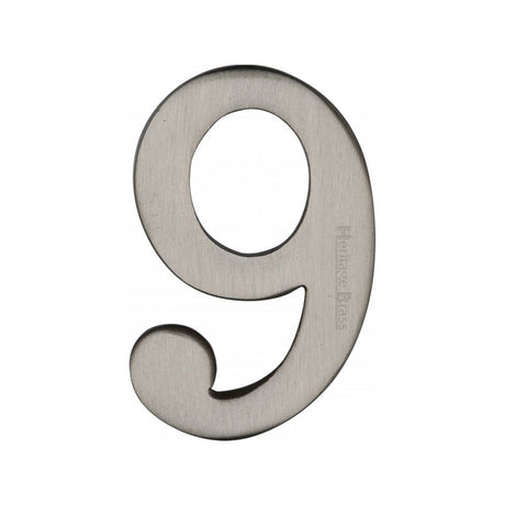 This is an image of a Heritage Brass - Numeral 9 Self Adhesive 51mm (2") Satin Nickel Finish, c1568-9-sn that is available to order from Trade Door Handles in Kendal.