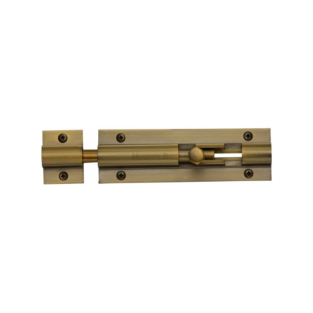 This is an image of a Heritage Brass - Door Bolt Straight 4" x 1.25" Antique Brass Finish, c1582-4-at that is available to order from Trade Door Handles in Kendal.