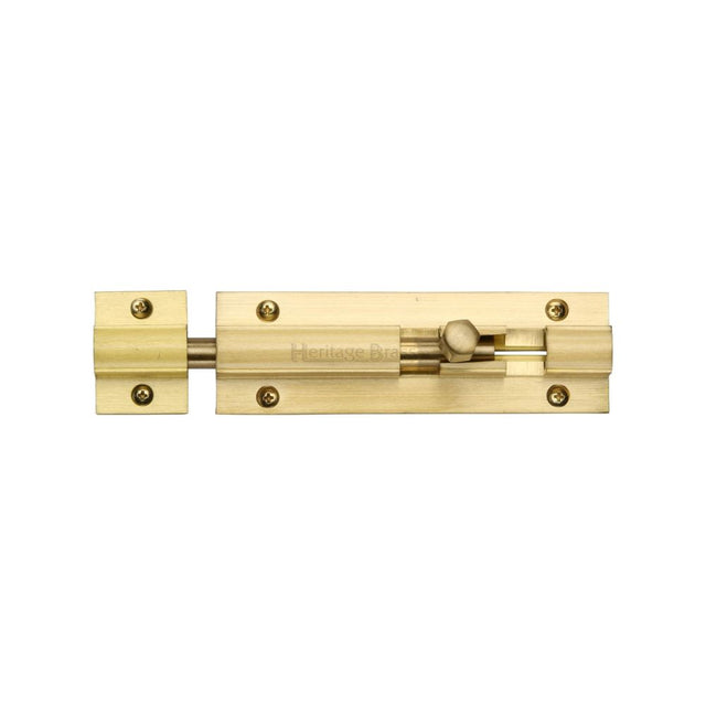 This is an image of a Heritage Brass - Door Bolt Straight 4" x 1.25" Satin Brass Finish, c1582-4-sb that is available to order from Trade Door Handles in Kendal.