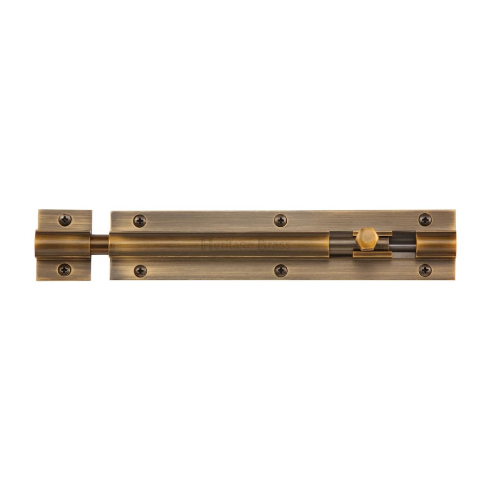 This is a image of a Heritage Brass - Door Bolt Straight 8" x 1.25" Ant. Brass Finish that is available to order from Trade Door Handles in Kendal