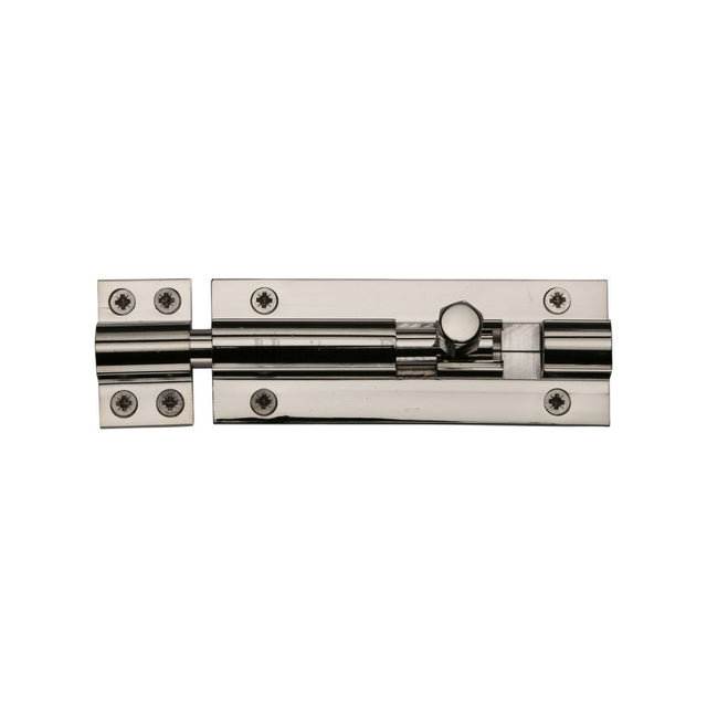 This is an image of a Heritage Brass - Door Bolt Straight 4" x 1.5" Polished Nickel Finish, c1584-4-pnf that is available to order from Trade Door Handles in Kendal.