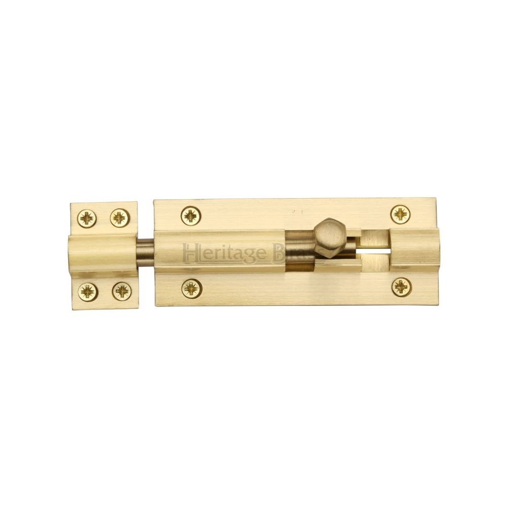 This is an image of a Heritage Brass - Door Bolt Straight 4" x 1.5" Satin Brass Finish, c1584-4-sb that is available to order from Trade Door Handles in Kendal.