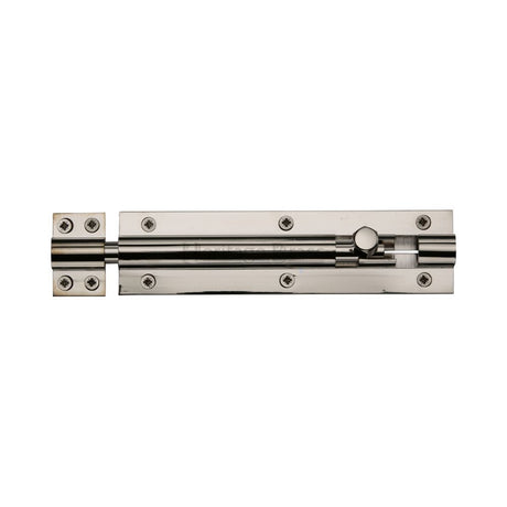 This is an image of a Heritage Brass - Door Bolt Straight 6" x 1.5" Polished Nickel Finish, c1584-6-pnf that is available to order from Trade Door Handles in Kendal.