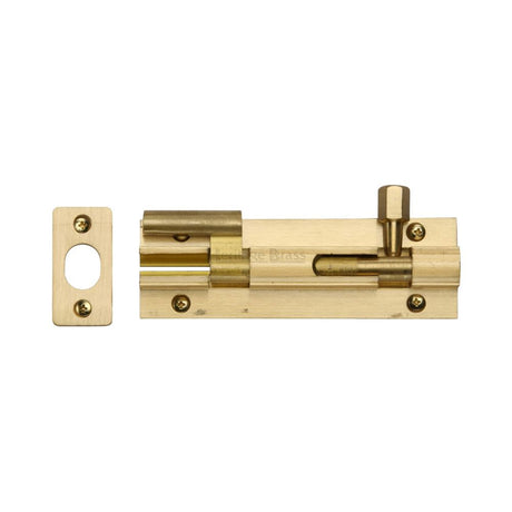 This is an image of a Heritage Brass - Door Bolt Necked 4" x 1.25" Satin Brass Finish, c1592-4-sb that is available to order from Trade Door Handles in Kendal.