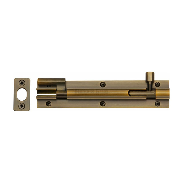 This is a image of a Heritage Brass - Door Bolt Necked 6" x 1.25" Ant. Brass Finish that is available to order from Trade Door Handles in Kendal
