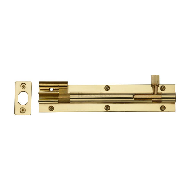 This is an image of a Heritage Brass - Door Bolt Necked 6" x 1.25" Polished Brass Finish, c1592-6-pb that is available to order from Trade Door Handles in Kendal.