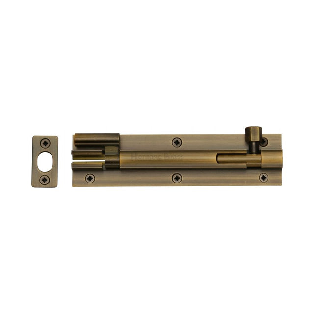 This is an image of a Heritage Brass - Door Bolt Necked 6" x 1.5" Antique Brass Finish, c1594-6-at that is available to order from Trade Door Handles in Kendal.