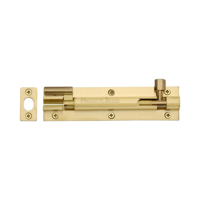 This is a image of a Heritage Brass - Door Bolt Necked 6" x 1.5" Sat. Brass Finish that is available to order from Trade Door Handles in Kendal