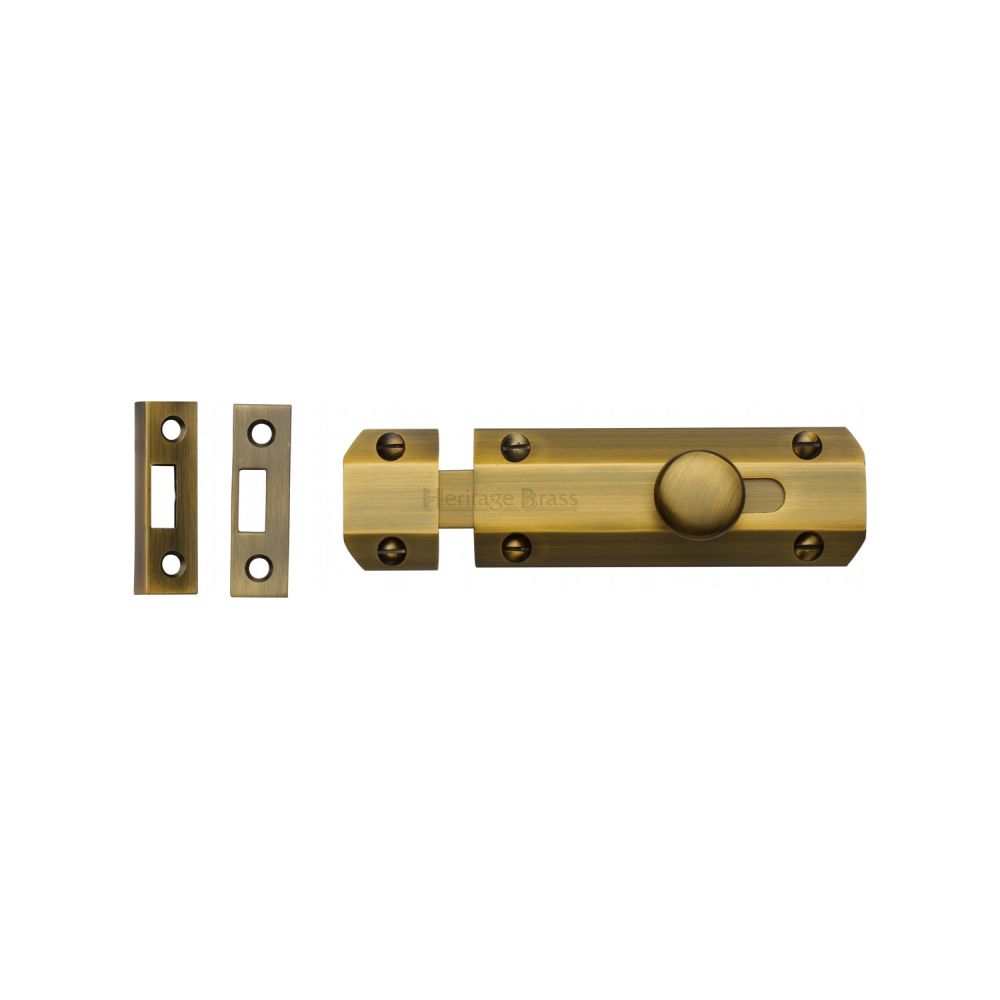 This is an image of a Heritage Brass - Door Bolt Flat 4" Antique Brass Finish, c1685-4-at that is available to order from Trade Door Handles in Kendal.