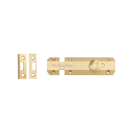 This is an image of a Heritage Brass - Door Bolt Flat 4" Satin Brass Finish, c1685-4-sb that is available to order from Trade Door Handles in Kendal.