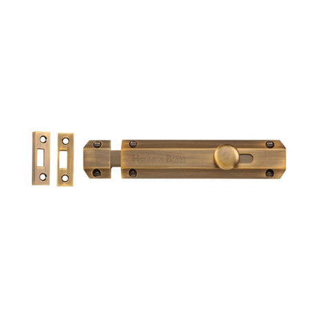 This is an image of a Heritage Brass - Door Bolt Flat 6" Antique Brass Finish, c1685-6-at that is available to order from Trade Door Handles in Kendal.