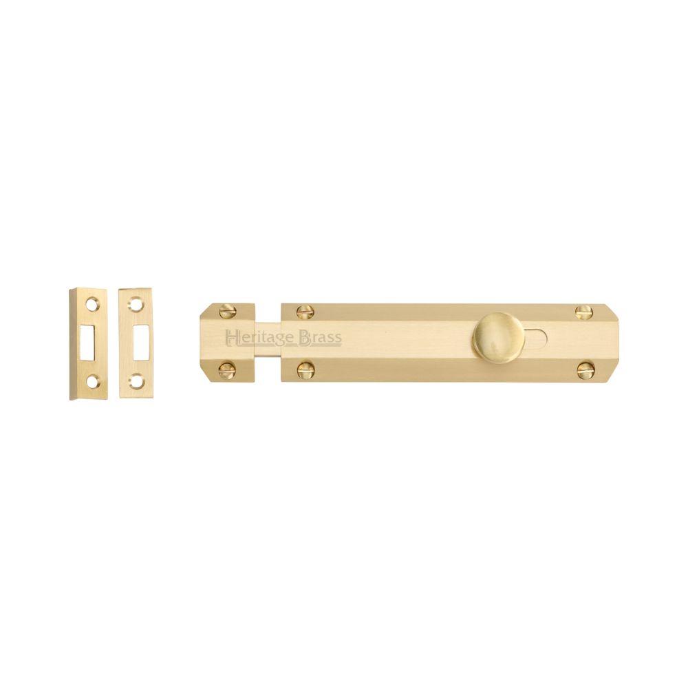 This is an image of a Heritage Brass - Door Bolt Flat 6" Satin Brass Finish, c1685-6-sb that is available to order from Trade Door Handles in Kendal.