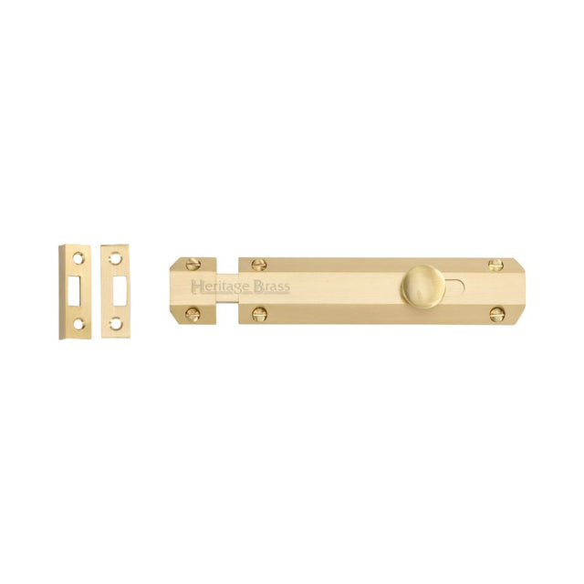 This is an image of a Heritage Brass - Door Bolt Flat 6" Satin Brass Finish, c1685-6-sb that is available to order from Trade Door Handles in Kendal.