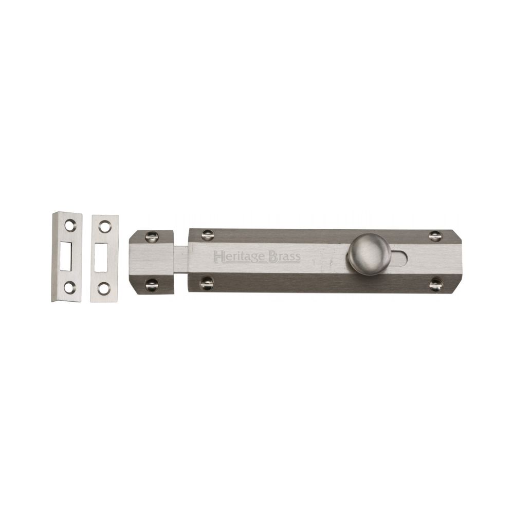This is a image of a Heritage Brass - Door Bolt Flat 6" Sat. Nickel Finish that is available to order from Trade Door Handles in Kendal