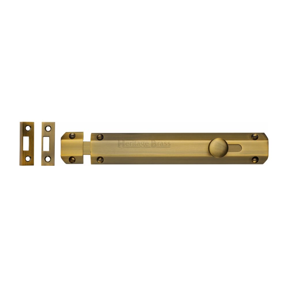 This is an image of a Heritage Brass - Door Bolt Flat 8" Antique Brass Finish, c1685-8-at that is available to order from Trade Door Handles in Kendal.