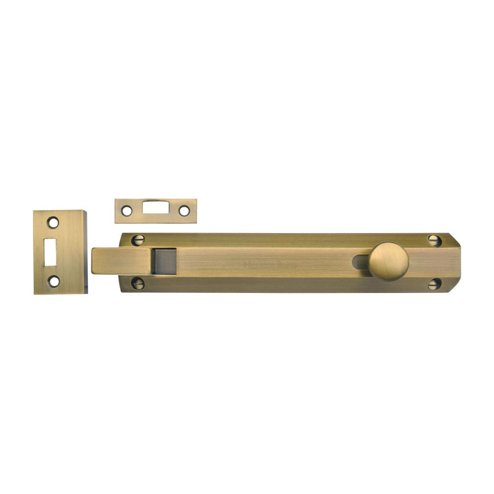 This is a image of a Heritage Brass - Door Bolt Necked Flat 8" Ant. Brass Finish that is available to order from Trade Door Handles in Kendal