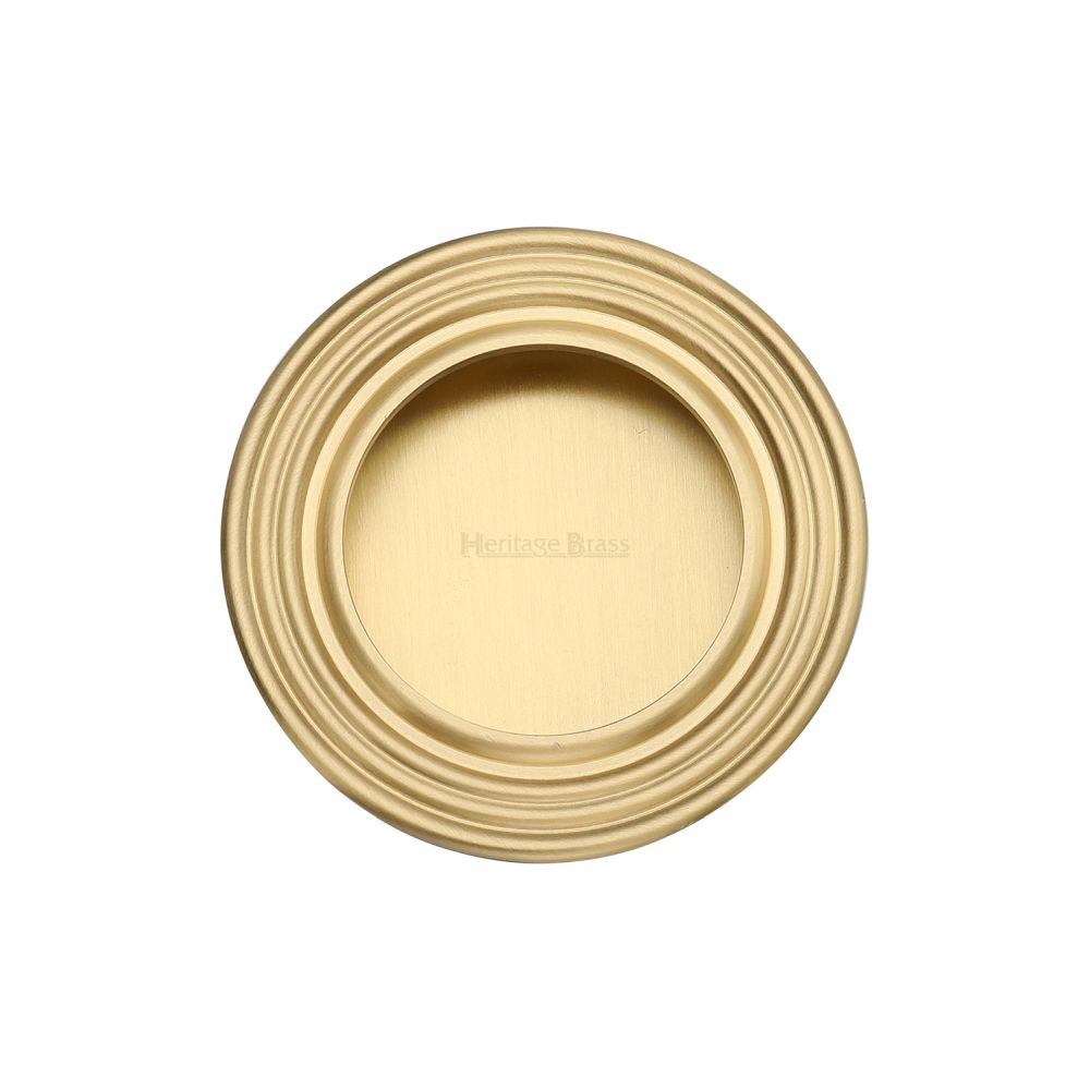 This is an image of a Heritage Brass - Round Reeded Flush Pull Satin Brass Finish, c1837-sb that is available to order from Trade Door Handles in Kendal.