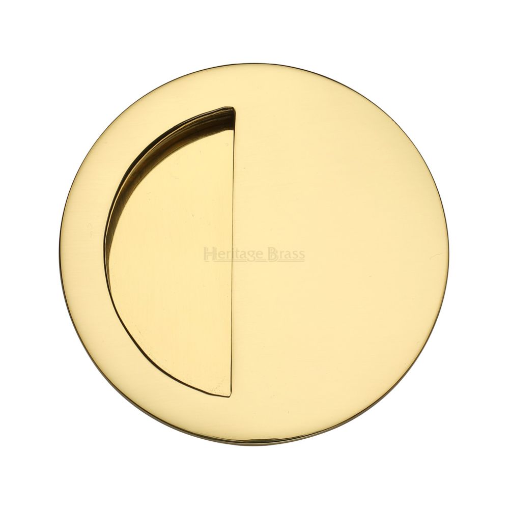 This is an image of a Heritage Brass - Round Half Moon Flush Pull Polished Brass Finish, c1845-pb that is available to order from Trade Door Handles in Kendal.