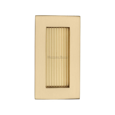 This is an image of a Heritage Brass - Reeded Rectangular Flush Pull 105 x 58mm Satin Brass Finish, c1865-105-sb that is available to order from Trade Door Handles in Kendal.