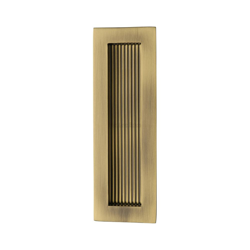 This is an image of a Heritage Brass - Reeded Rectangular Flush Pull 175 x 58mm Antique Brass Finish, c1865-175-at that is available to order from Trade Door Handles in Kendal.