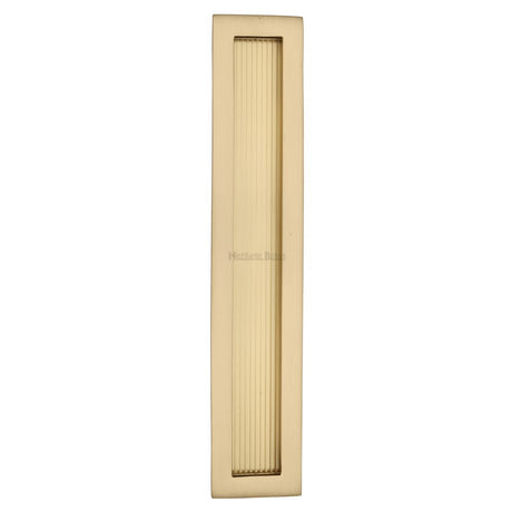 This is an image of a Heritage Brass - Reeded Rectangular Flush Pull 300 x 58mm Satin Brass Finish, c1865-300-sb that is available to order from Trade Door Handles in Kendal.