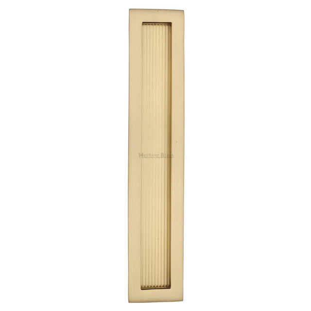 This is an image of a Heritage Brass - Reeded Rectangular Flush Pull 300 x 58mm Satin Brass Finish, c1865-300-sb that is available to order from Trade Door Handles in Kendal.