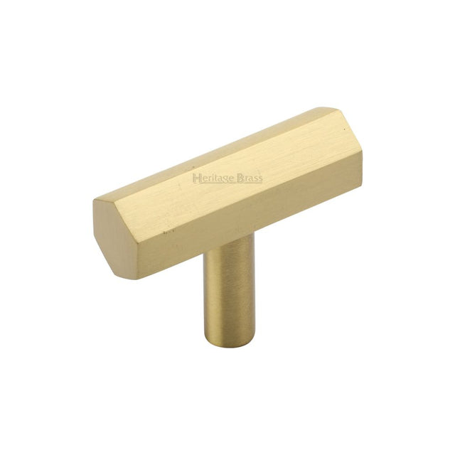 This is a image of a Heritage Brass - Cabinet Knob Hexagon T-Bar Design 41mm Sat. Brass Finish that is available to order from Trade Door Handles in Kendal
