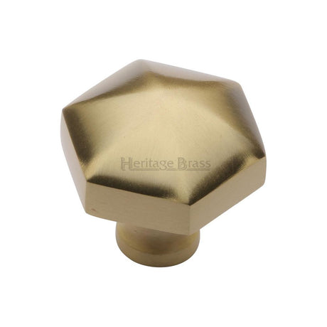 This is an image of a Heritage Brass - Cabinet Knob Classic Hexagon Design 32mm Satin Brass Finish, c2238-sb that is available to order from Trade Door Handles in Kendal.