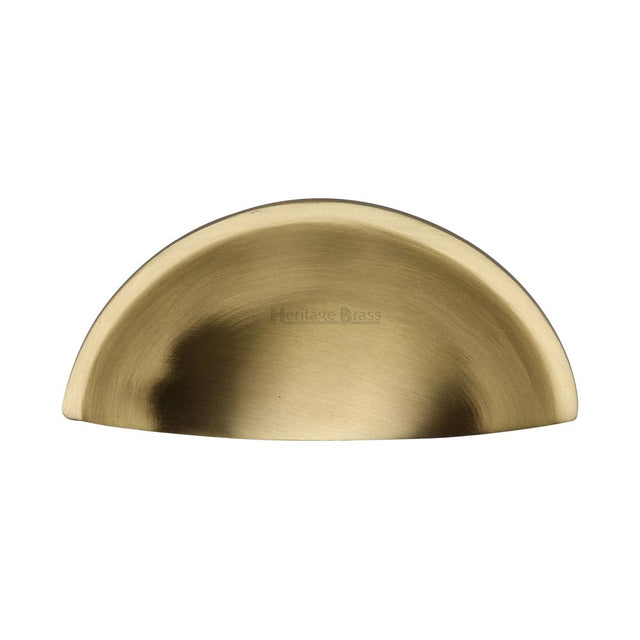 This is a image of a Heritage Brass - Drawer Cup Pull Half Moon Design 57mm CTC Sat. Brass Finish that is available to order from Trade Door Handles in Kendal