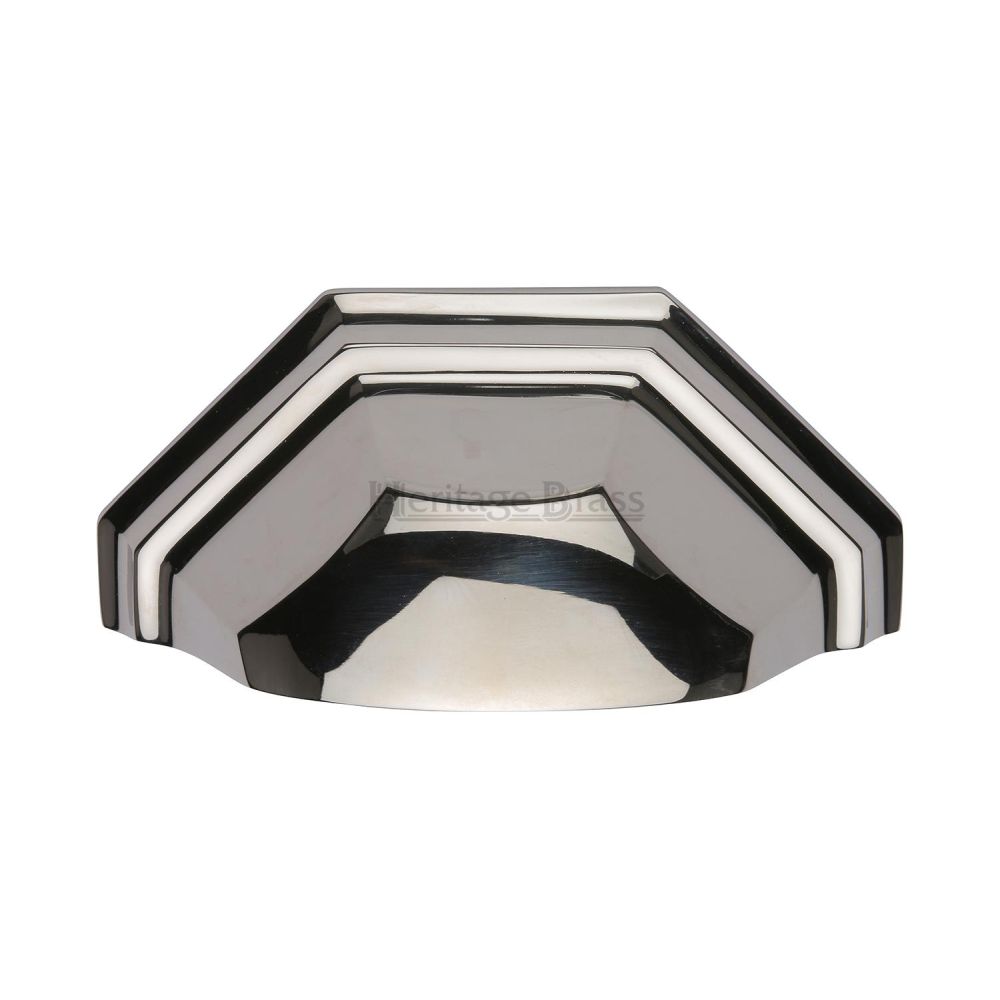 This is a image of a Heritage Brass - Drawer Cup Pull Deco Design 89mm CTC Pol. Nickel Finish that is available to order from Trade Door Handles in Kendal