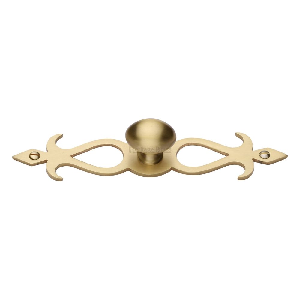 This is a image of a Heritage Brass - Cabinet Knob Oval/Backplate Design 32mm Sat. Brass Finish that is available to order from Trade Door Handles in Kendal