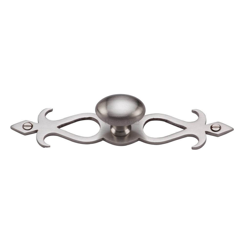 This is a image of a Heritage Brass - Cabinet Knob Oval/Backplate Design 32mm Sat. Nickel Finish that is available to order from Trade Door Handles in Kendal