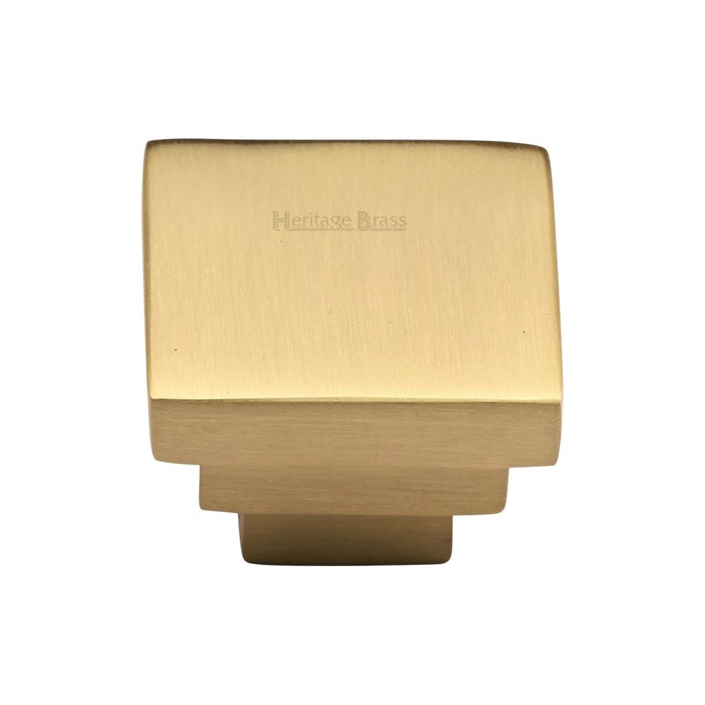 This is an image of a Heritage Brass - Cabinet Knob Square Stepped Design 32mm Satin Brass Finish, c3672-32-sb that is available to order from Trade Door Handles in Kendal.