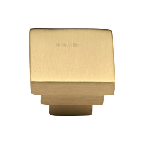 This is an image of a Heritage Brass - Cabinet Knob Square Stepped Design 32mm Satin Brass Finish, c3672-32-sb that is available to order from Trade Door Handles in Kendal.