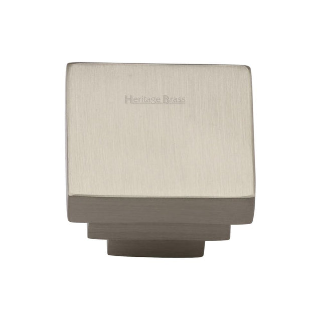 This is a image of a Heritage Brass - Cabinet Knob Square Stepped Design 32mm Sat. Nickel Finish that is available to order from Trade Door Handles in Kendal