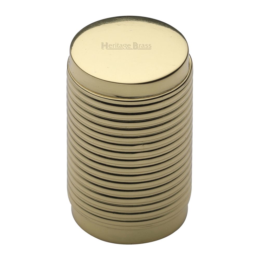 This is a image of a Heritage Brass - Cabinet Knob Cylindric Ribbed Design 21mm Pol. Brass Finish that is available to order from Trade Door Handles in Kendal