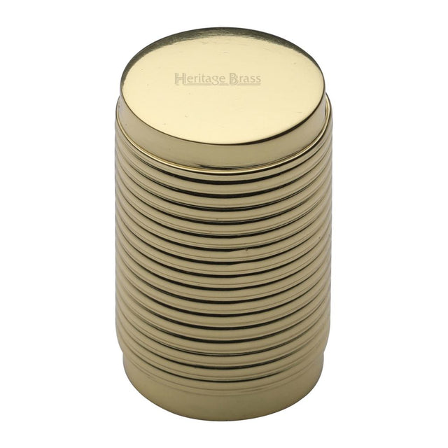 This is a image of a Heritage Brass - Cabinet Knob Cylindric Ribbed Design 21mm Pol. Brass Finish that is available to order from Trade Door Handles in Kendal