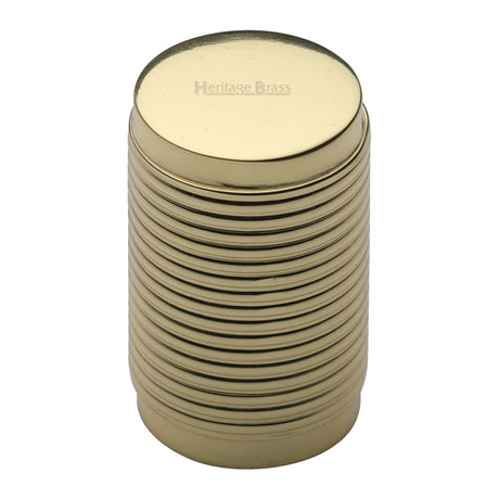 This is an image of a Heritage Brass - Cabinet Knob Cylindric Ribbed Design 21mm Polished Brass Finish, c3850-pb that is available to order from Trade Door Handles in Kendal.