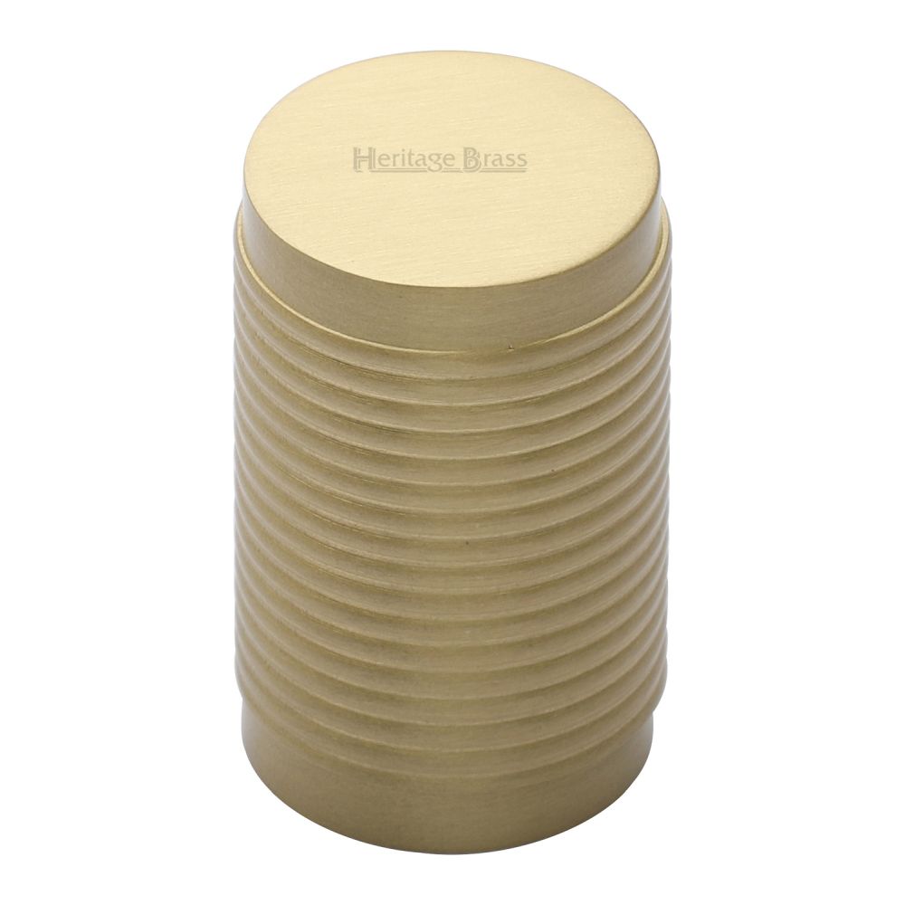 This is an image of a Heritage Brass - Cabinet Knob Cylindric Ribbed Design 21mm Satin Brass Finish, c3850-sb that is available to order from Trade Door Handles in Kendal.