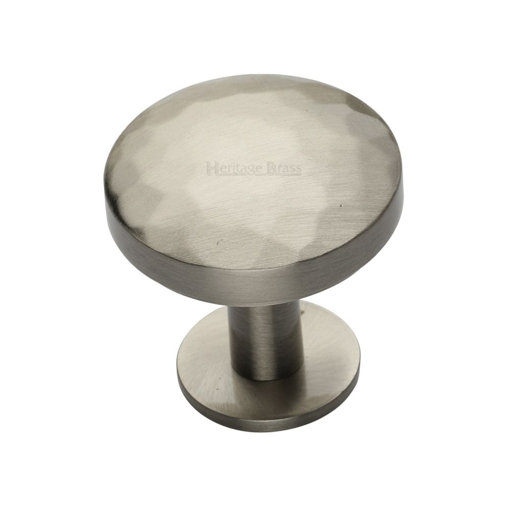 This is a image of a Heritage Brass - Cabinet Knob Round Hammered Design with Rose 32mm Sat. Nickel F that is available to order from Trade Door Handles in Kendal