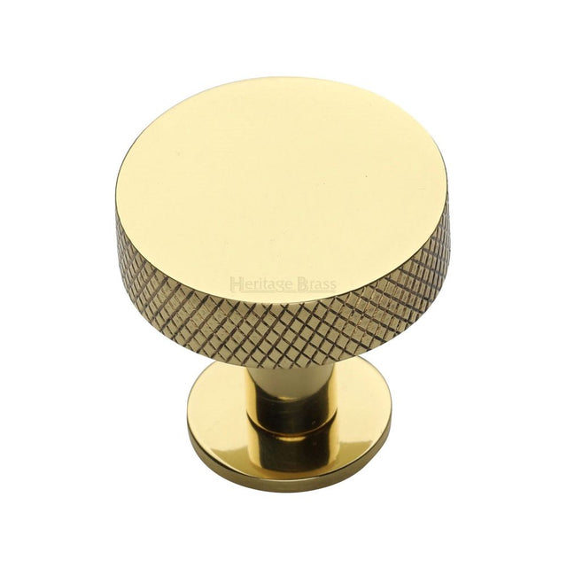 This is an image of a Heritage Brass - Cabinet Knob Disc Knurled Design with Rose 32mm Polished Brass Fini, c3882-32-pb that is available to order from Trade Door Handles in Kendal.