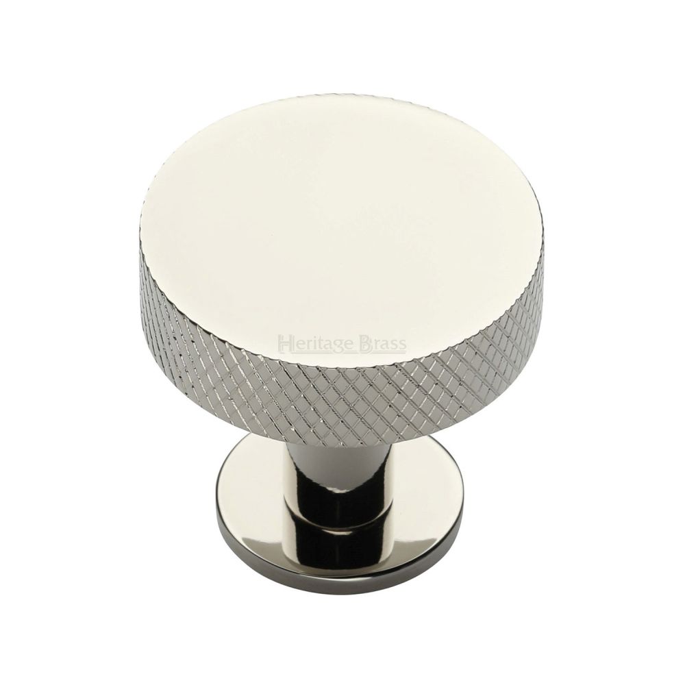 This is a image of a Heritage Brass - Cabinet Knob Disc Knurled Design with Rose 32mm Pol. Nickel Fin that is available to order from Trade Door Handles in Kendal