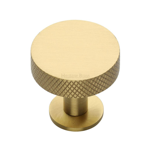 This is an image of a Heritage Brass - Cabinet Knob Disc Knurled Design with Rose 32mm Satin Brass Fini, c3882-32-sb that is available to order from Trade Door Handles in Kendal.