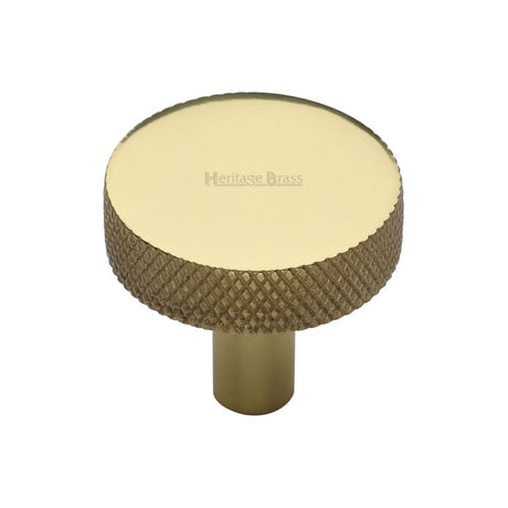 This is an image of a Heritage Brass - Cabinet Knob Knurled Disc Design 32mm Polished Brass Finish, c3884-32-pb that is available to order from Trade Door Handles in Kendal.