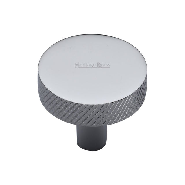 This is an image of a Heritage Brass - Cabinet Knob Knurled Disc Design 32mm Polished Chrome Finish, c3884-32-pc that is available to order from Trade Door Handles in Kendal.