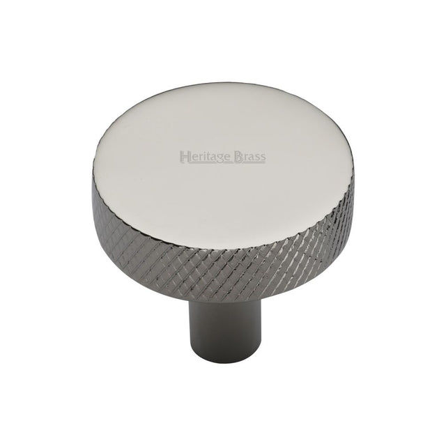 This is a image of a Heritage Brass - Cabinet Knob Knurled Disc Design 32mm Pol. Nickel Finish that is available to order from Trade Door Handles in Kendal